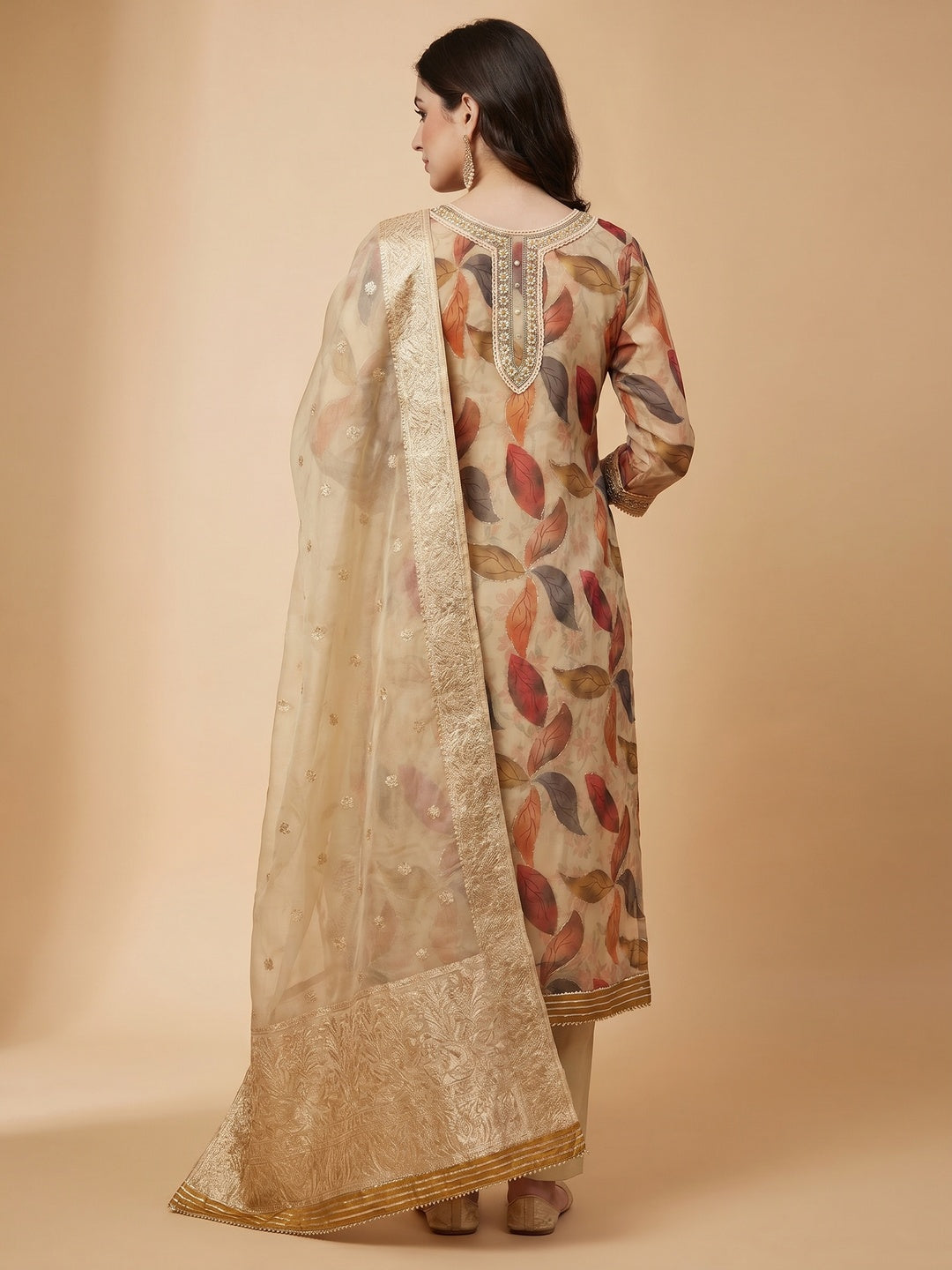 Chikoo Digital Printed With Handwork Organza Dress Material - Image 2