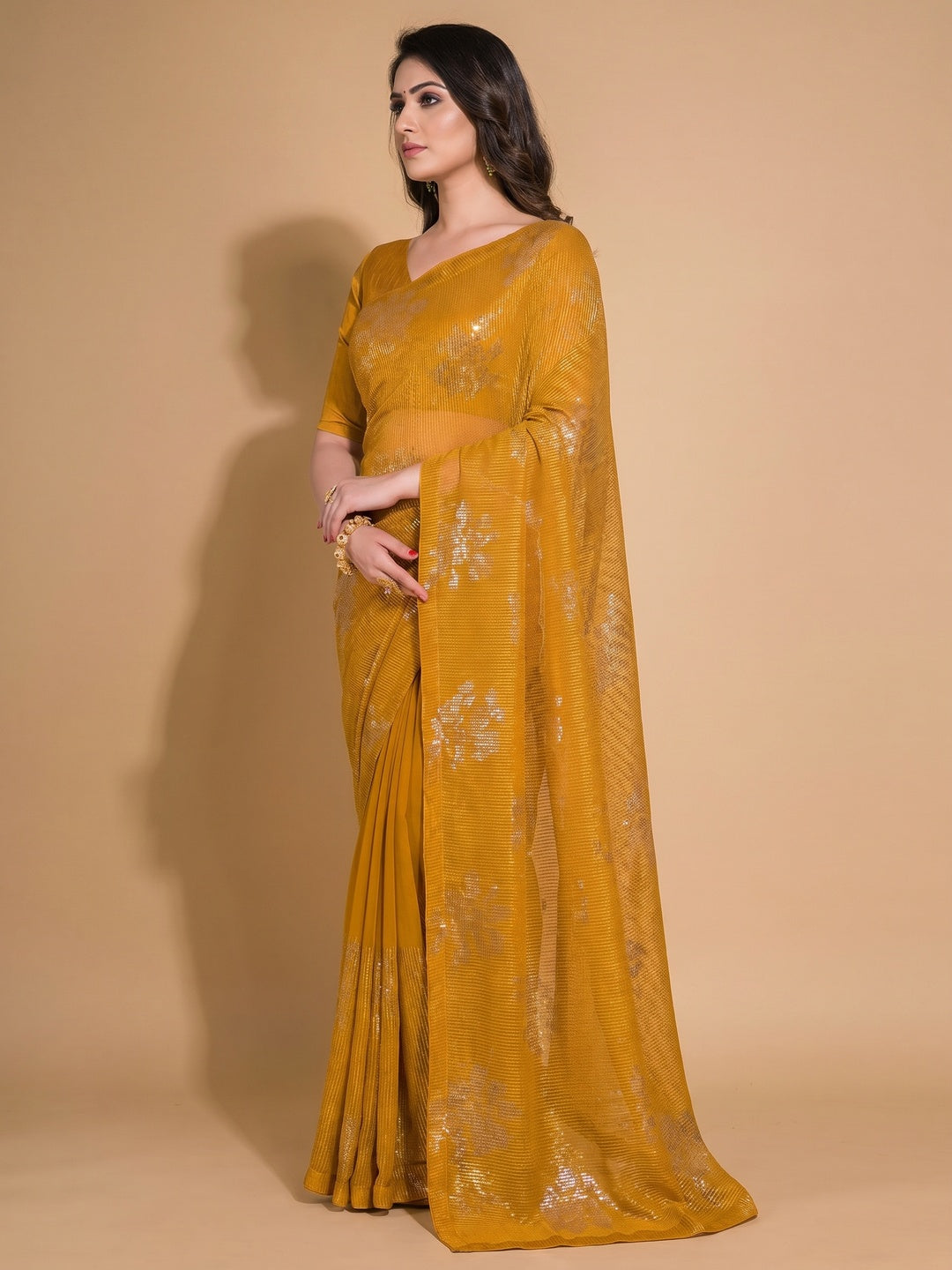 Mustard Sequins Embroidered Georgette Saree - Image 1