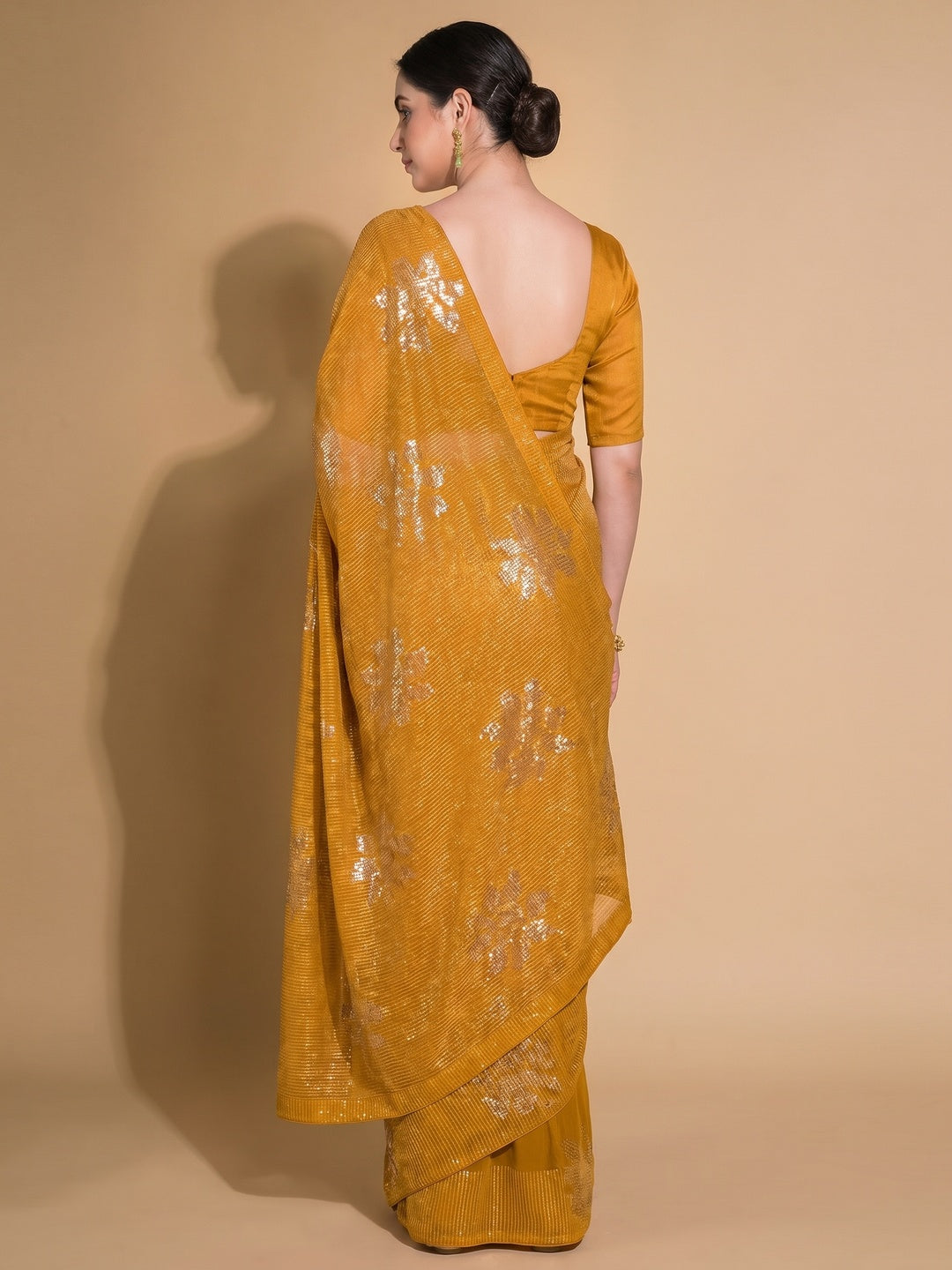 Mustard Sequins Embroidered Georgette Saree - Image 2