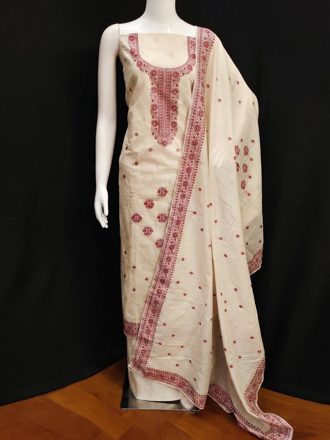 Off White Woven Pure Cotton Dress Material - Image 1