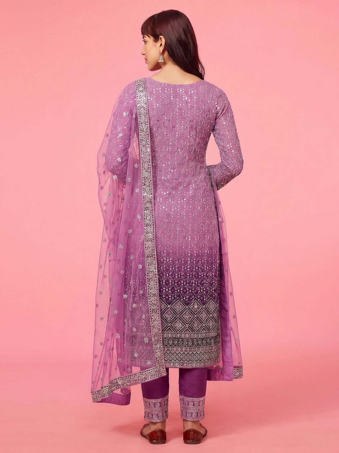 Purple Sequins Embroidered Georgette Semi Stitched Suit - Image 1