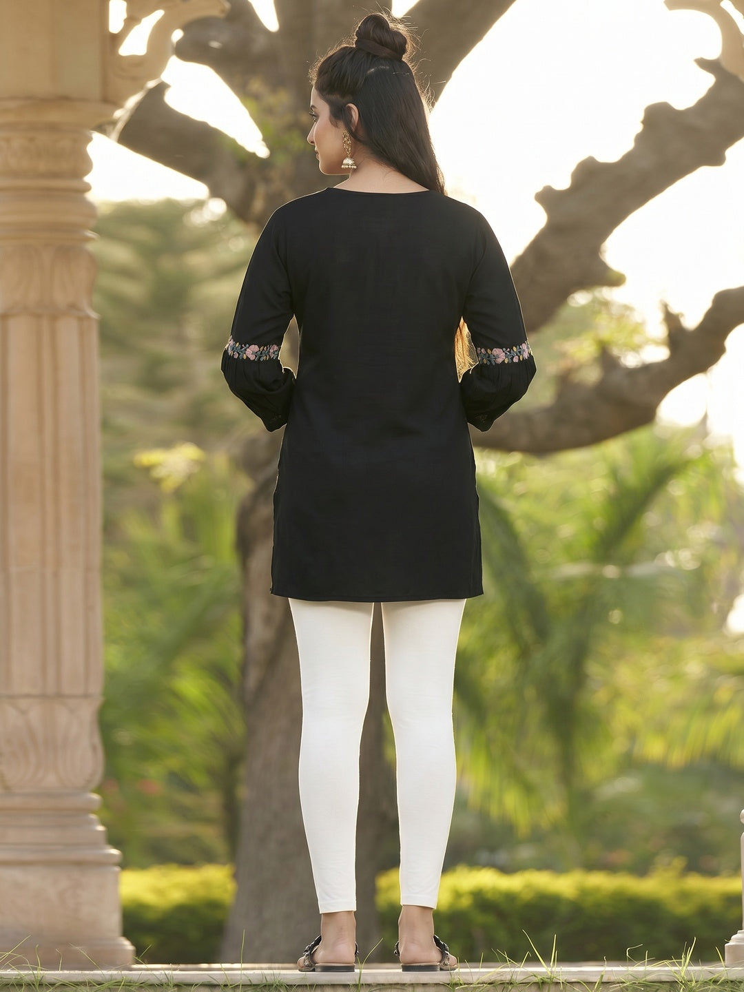 Black Floral Embroidered Rayon Top - Image 1