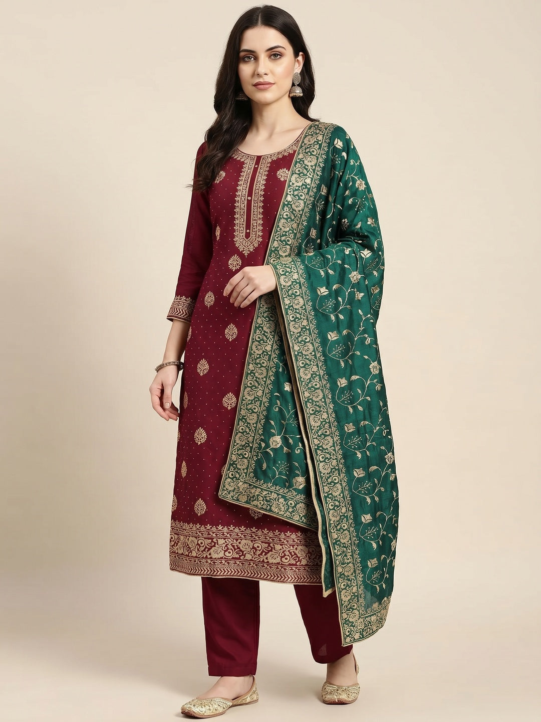 Maroon Floral Embroidered Chinon Dress Material - Image 1