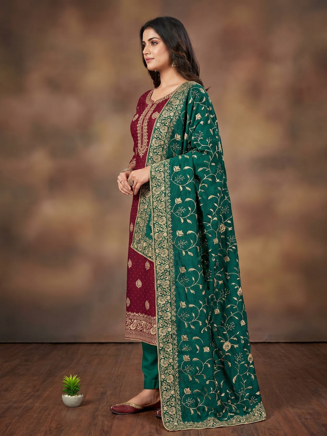 Maroon Floral Embroidered Chinon Dress Material - Image 3