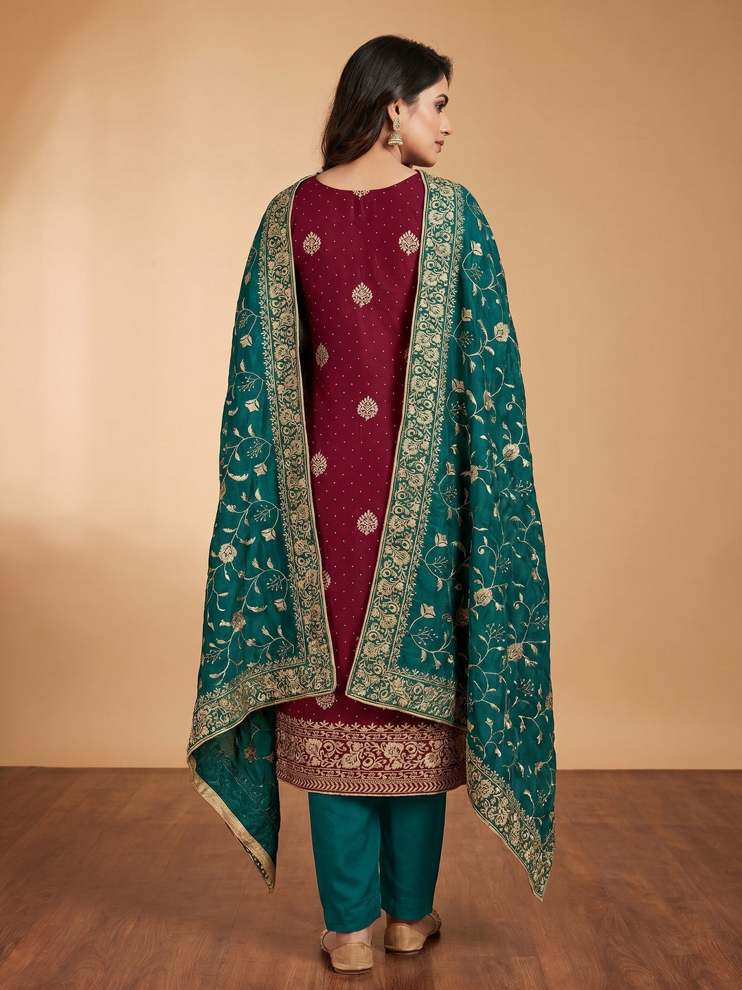Maroon Floral Embroidered Chinon Dress Material - Image 2
