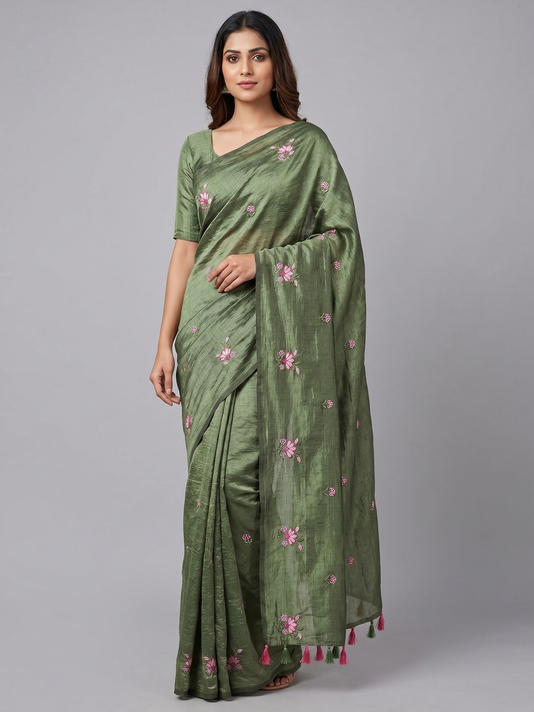 Green Floral Embroidered Vichitra Silk Saree - Image 1