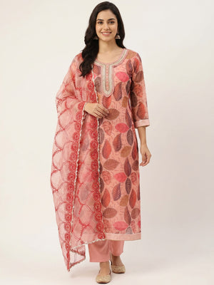Peach Printed Organza Dress Material - Image 1