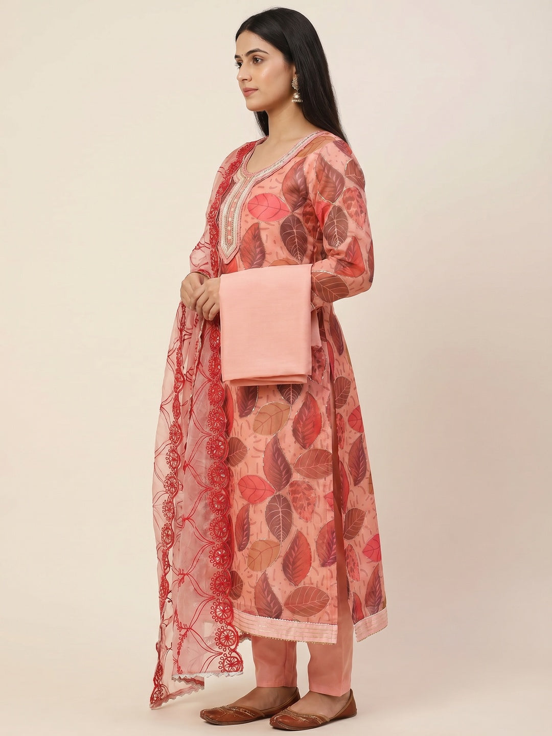 Peach Printed Organza Dress Material - Image 3