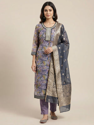 Violet Floral Printed Organza Dress Material - Image 1