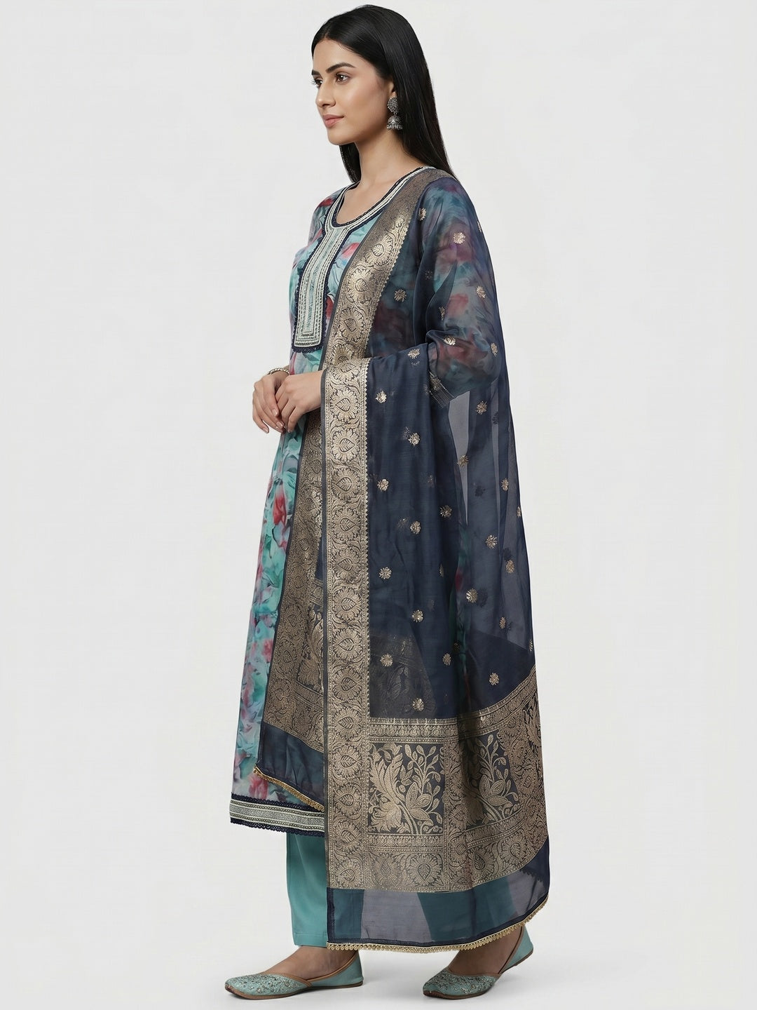 Turquoise Floral Printed Organza Dress Material - Image 2