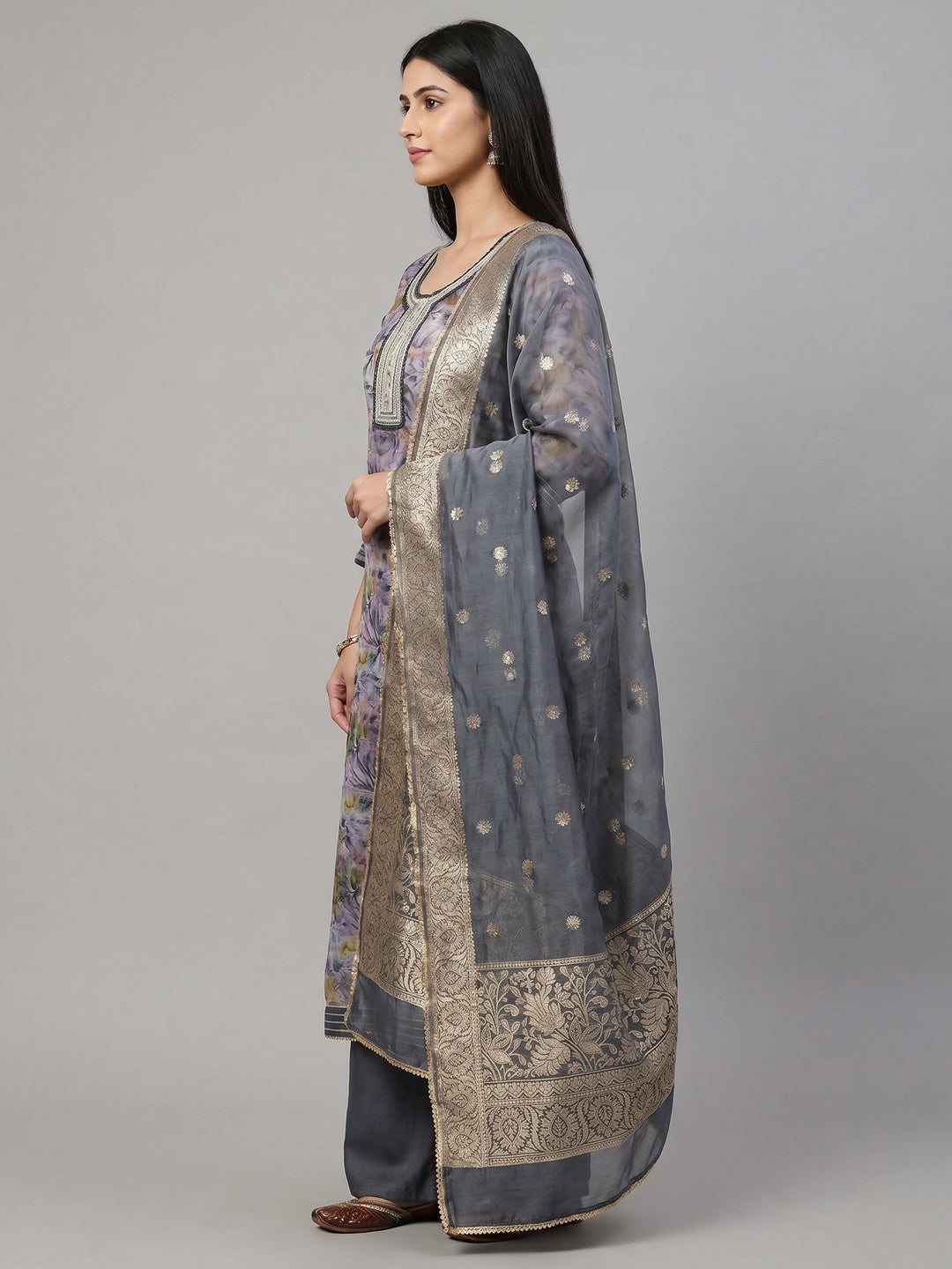 Violet Floral Printed Organza Dress Material - Image 3