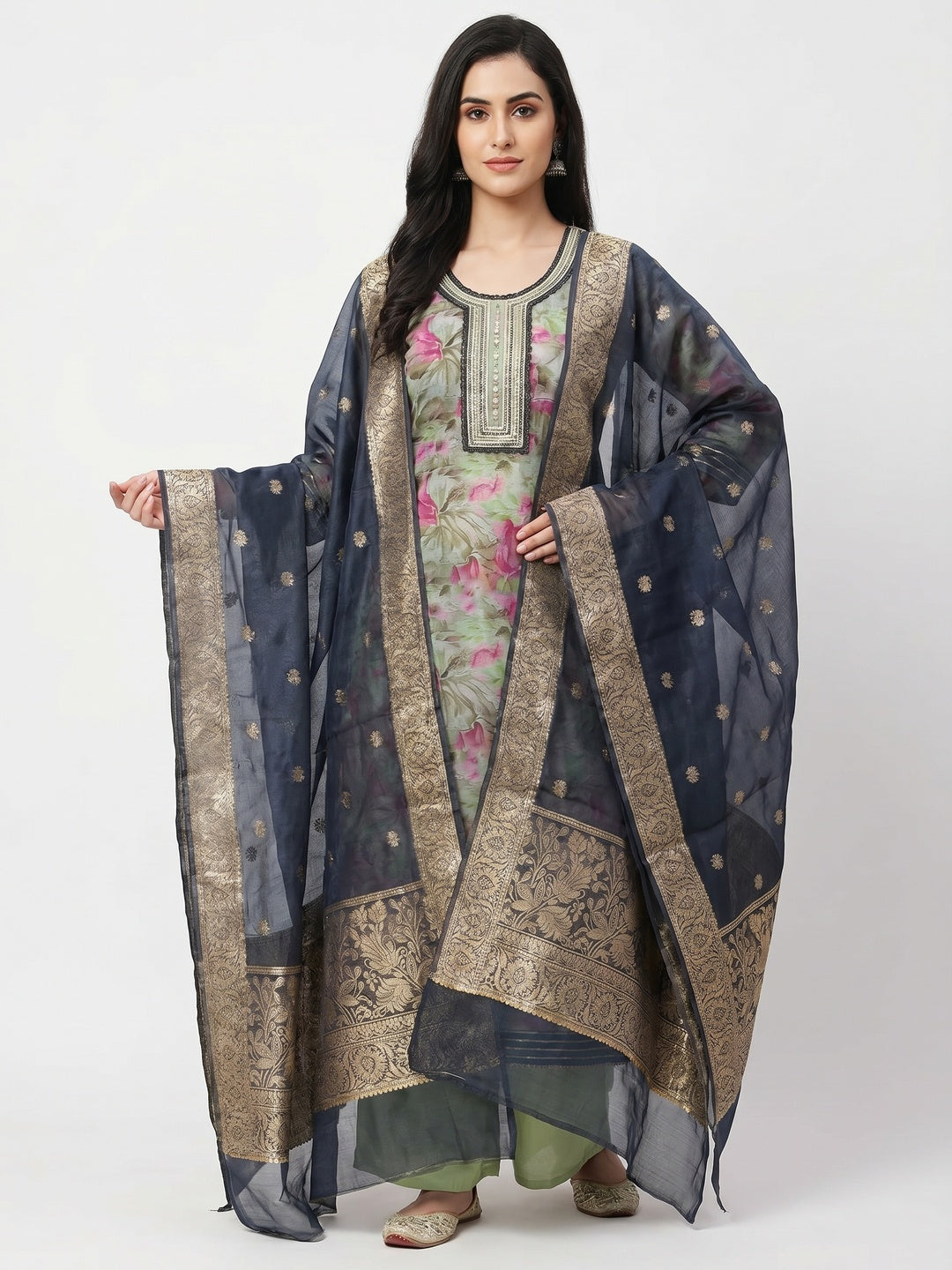 Green Floral Printed Organza Dress Material - Image 1