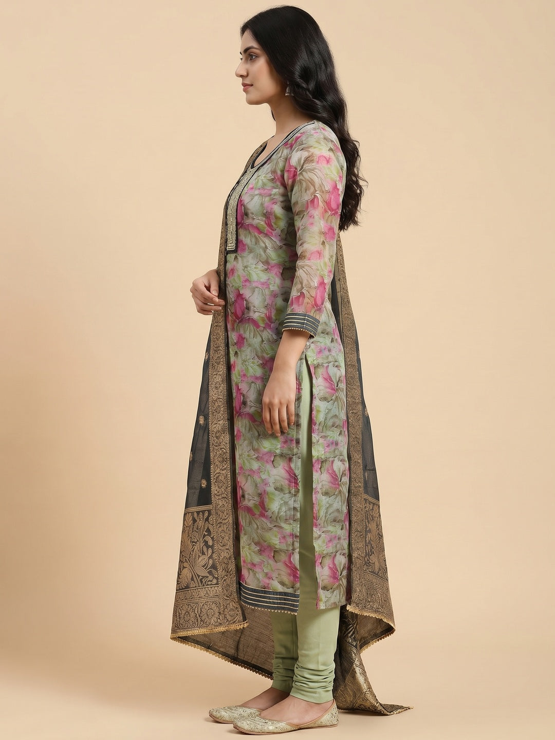 Green Floral Printed Organza Dress Material - Image 2