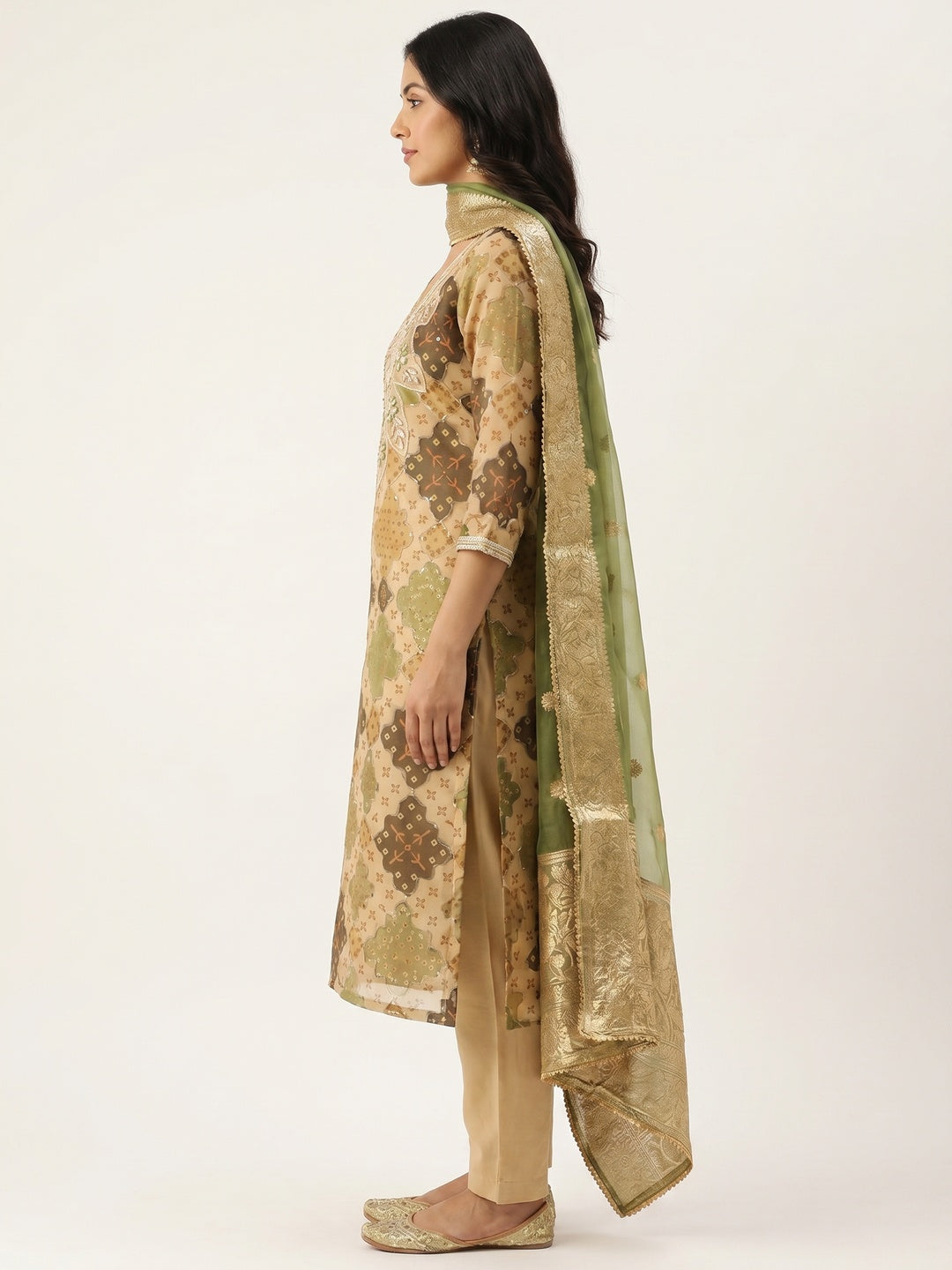 Chikoo Printed Organza Dress Material - Image 2