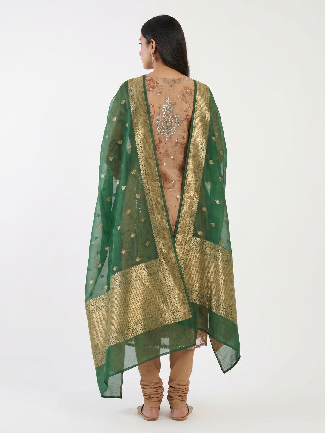Chikoo Printed Organza Dress Material - Image 3