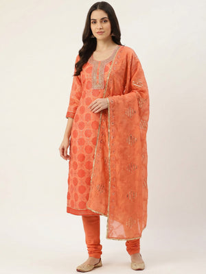 Orange Printed Organza Dress Material - Image 1