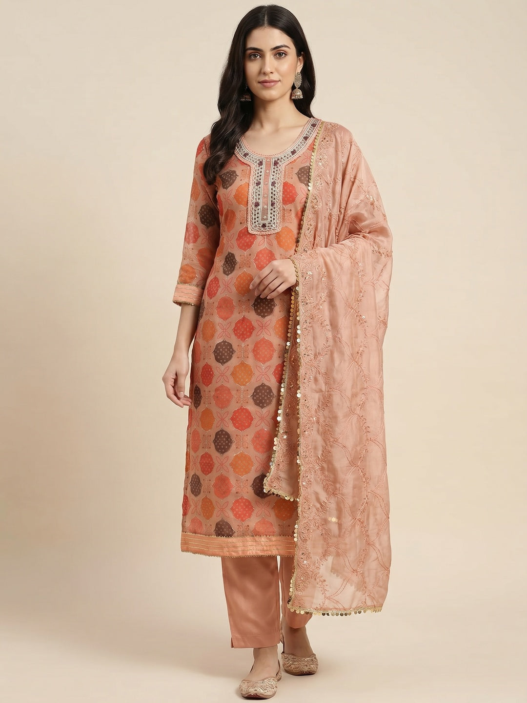 Peach Printed Organza Dress Material - Image 1