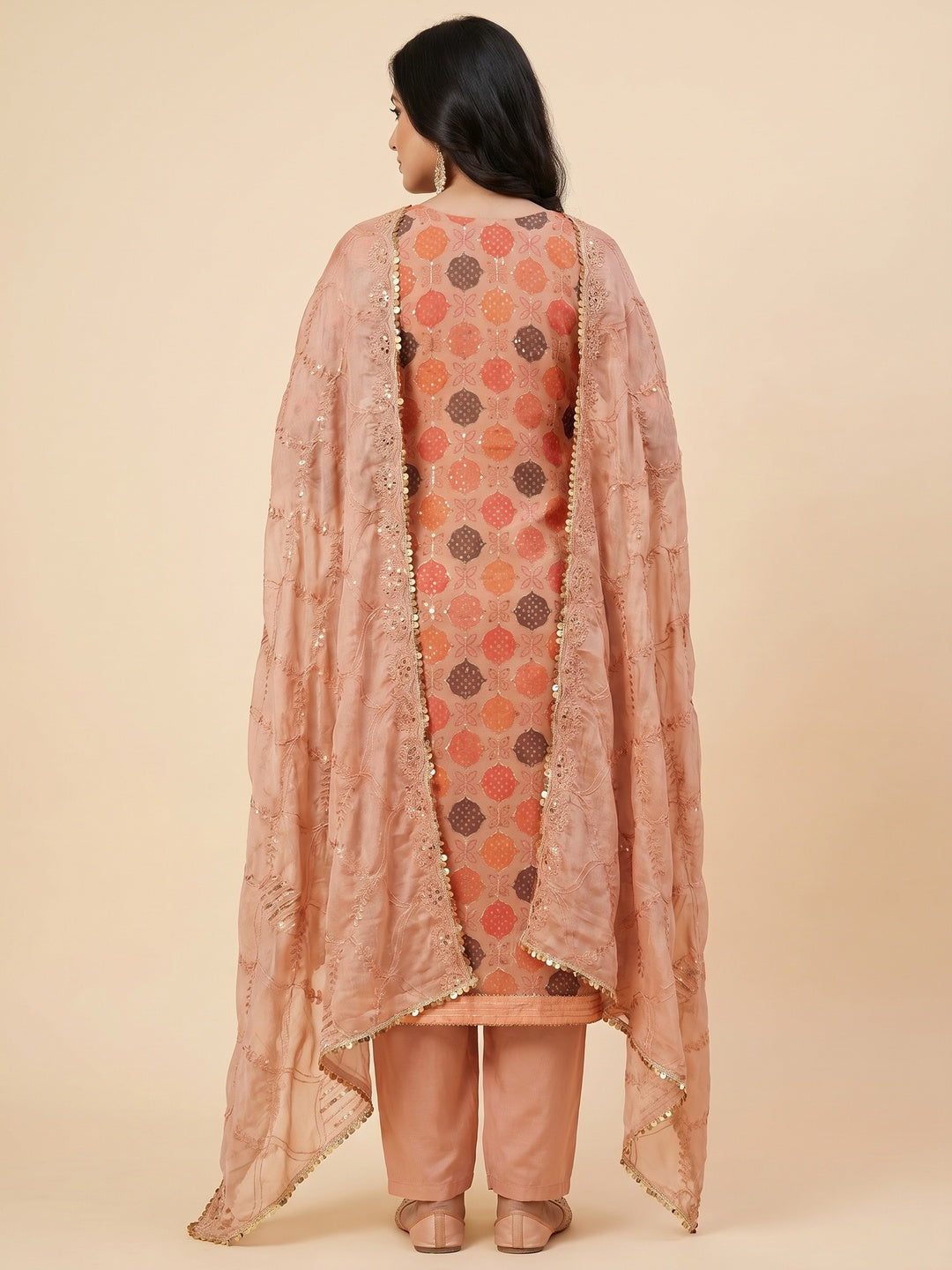 Peach Printed Organza Dress Material - Image 3