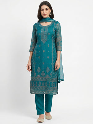Rama Green Printed Organza Dress Material - Image 1