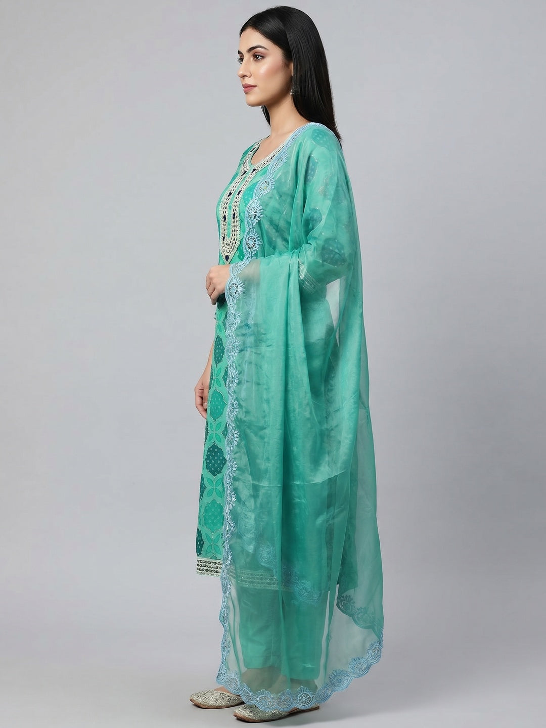 Rama Green Printed Organza Dress Material - Image 3