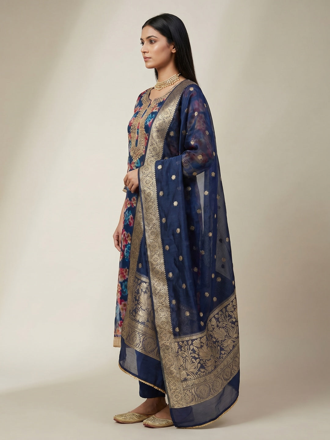 Blue Floral Printed Organza Dress Material - Image 2