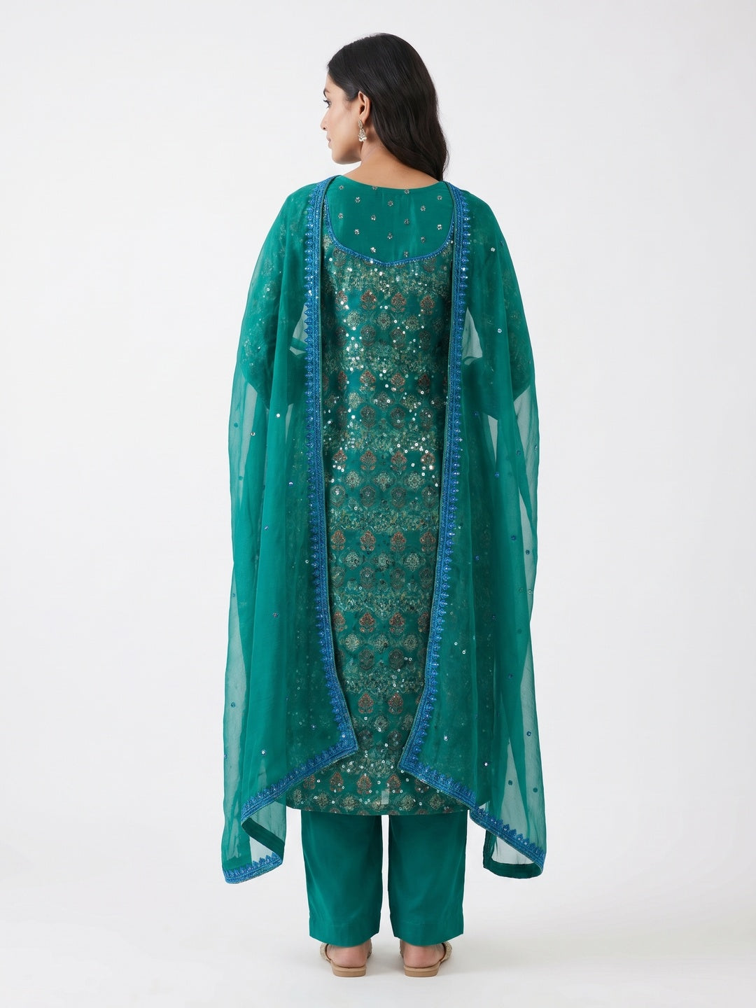 Rama Green Printed Organza Dress Material - Image 2