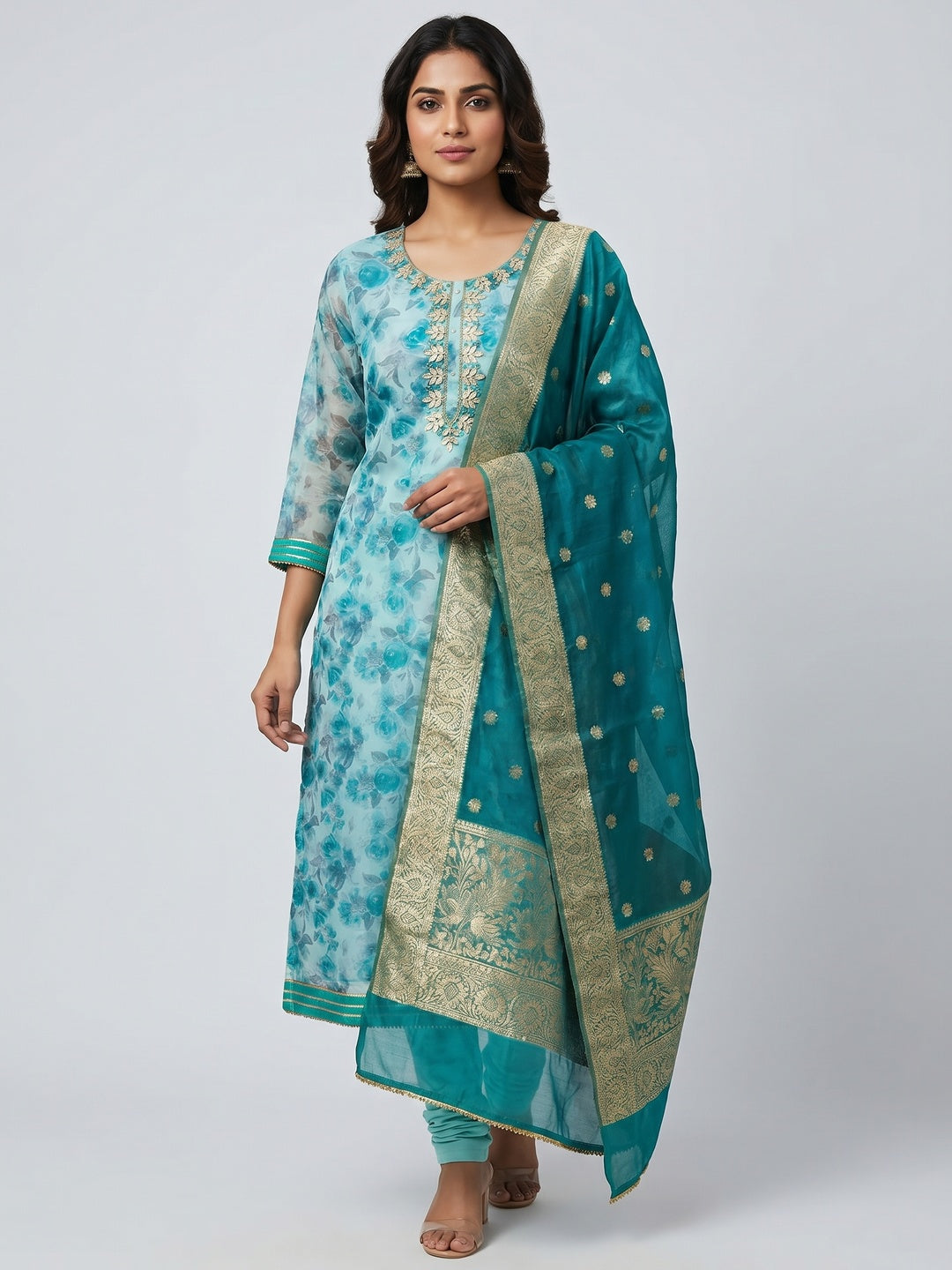 Light Turquoise Floral Printed Organza Dress Material - Image 1