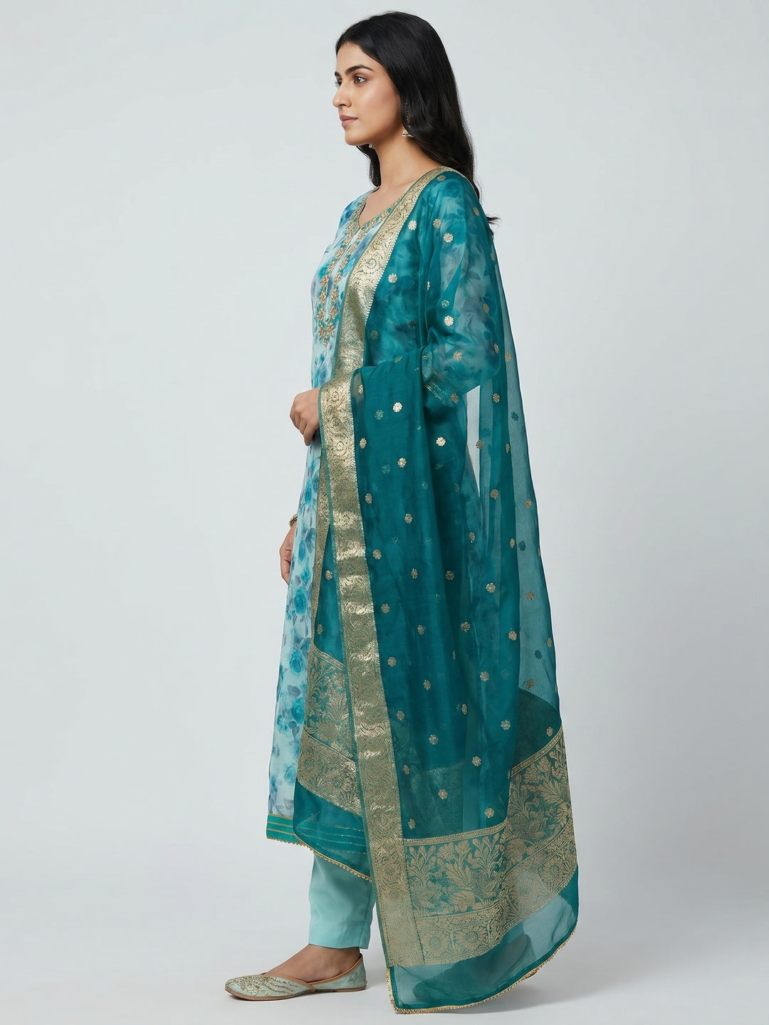 Light Turquoise Floral Printed Organza Dress Material - Image 2