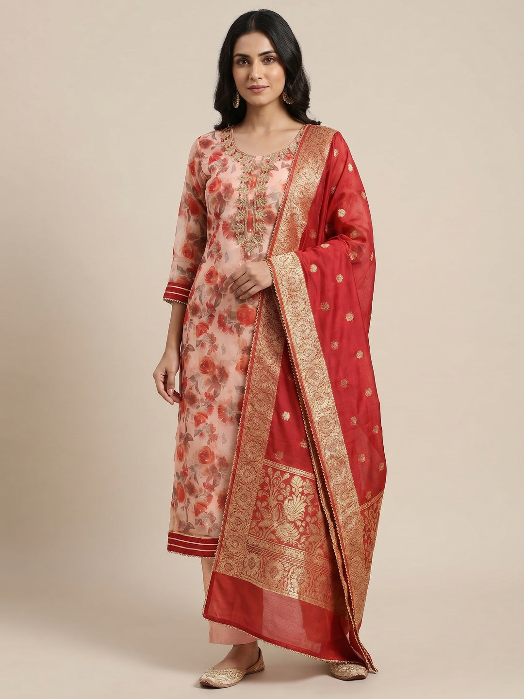 Light Peach Floral Printed Organza Dress Material - Image 1