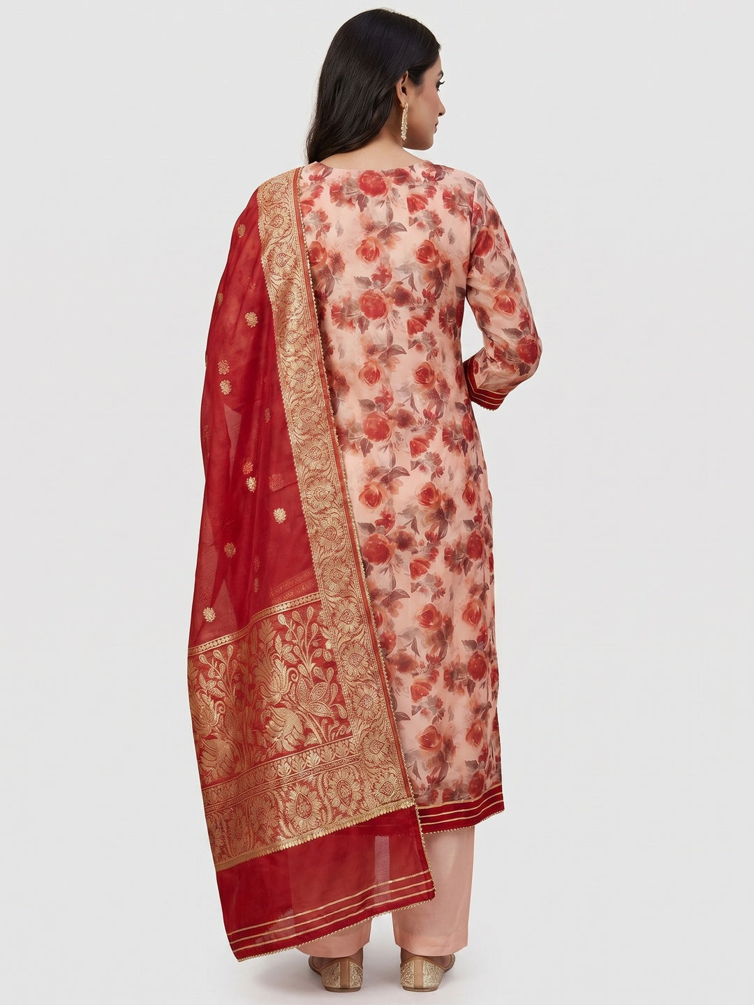 Light Peach Floral Printed Organza Dress Material - Image 2