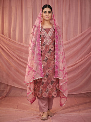 Mauve Floral Printed Organza Dress Material - Image 1