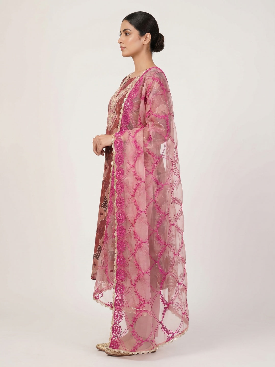Mauve Floral Printed Organza Dress Material - Image 3