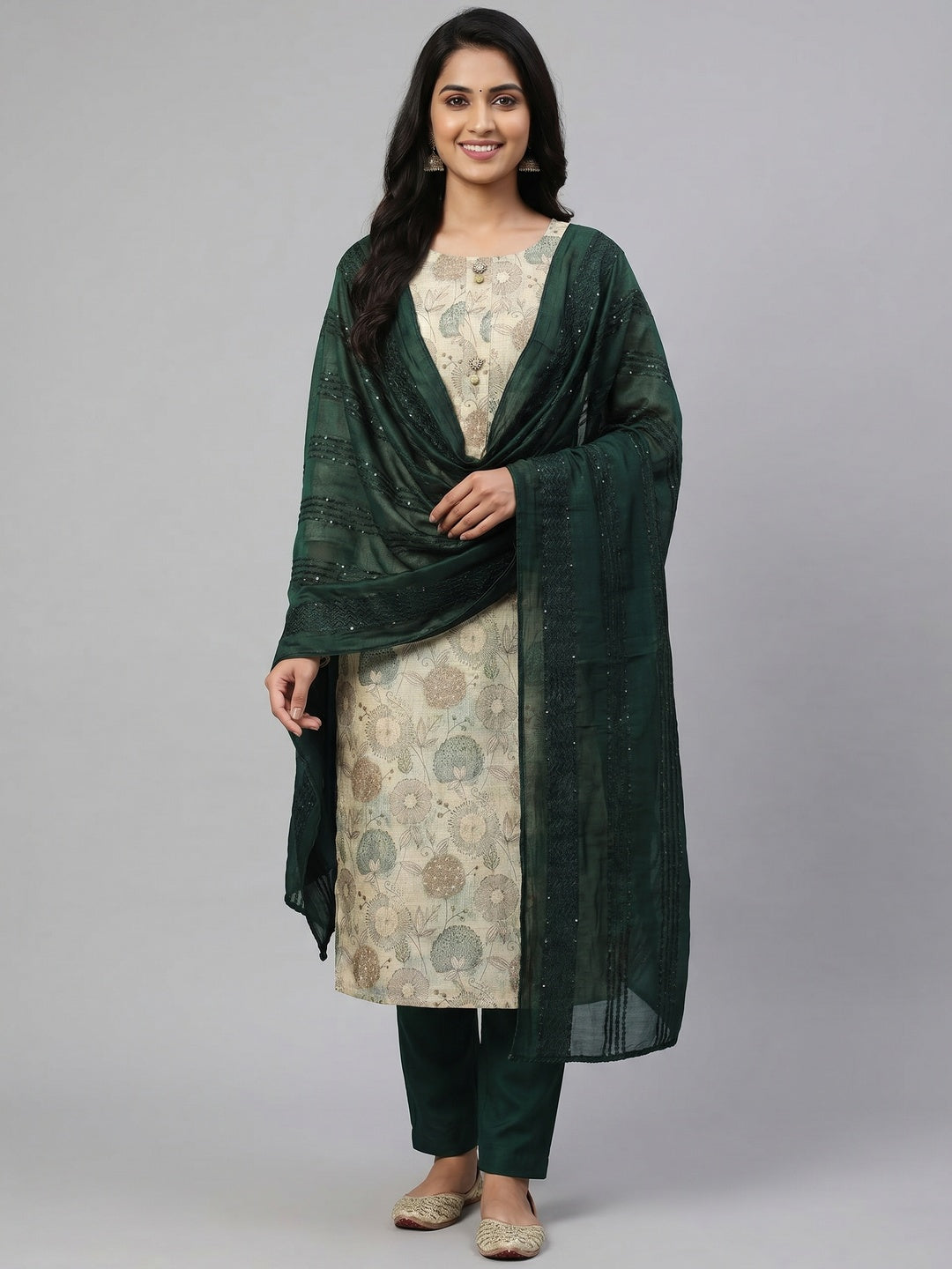 Cream Floral Printed Cotton Silk Dress Material - Image 1