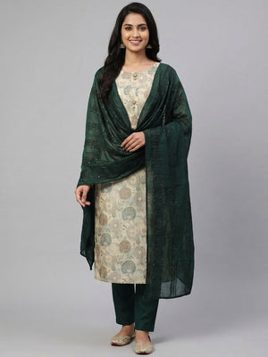 Cream Floral Printed Cotton Silk Dress Material - Image 1