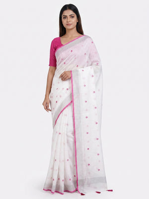 White & Pink Floral Embroidered Linen Saree - Image 1