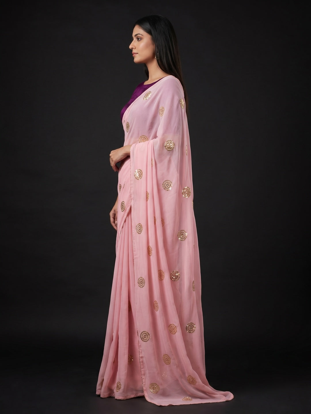 Pink Embroidered Georgette Saree - Image 3