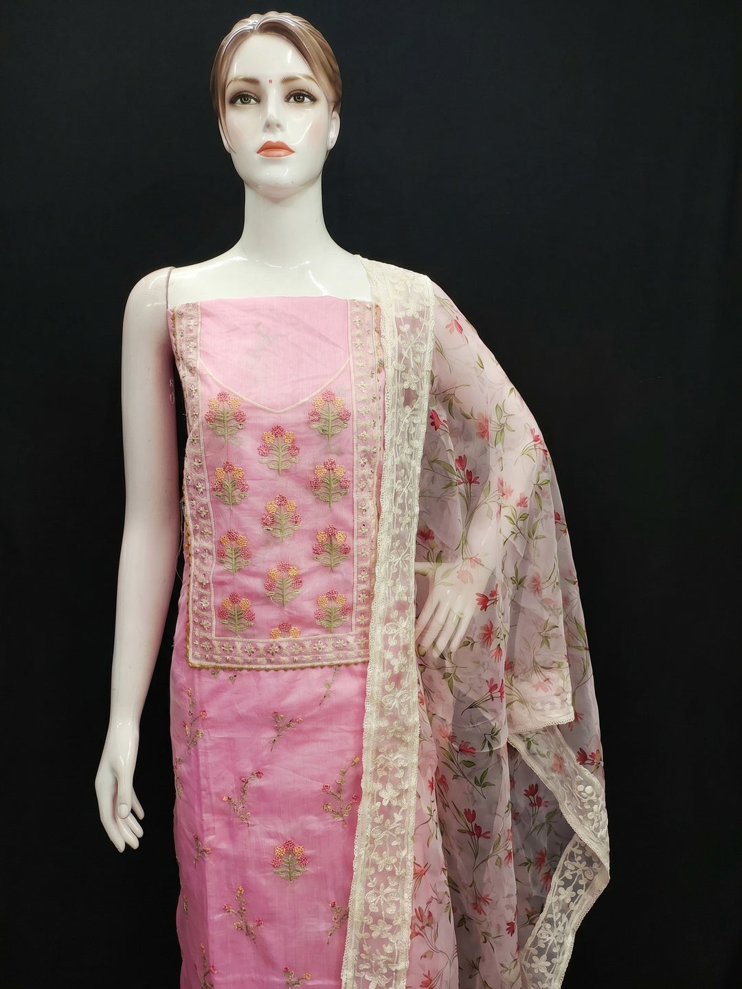 Pink Floral Embroidered Chanderi Dress Material - Image 1