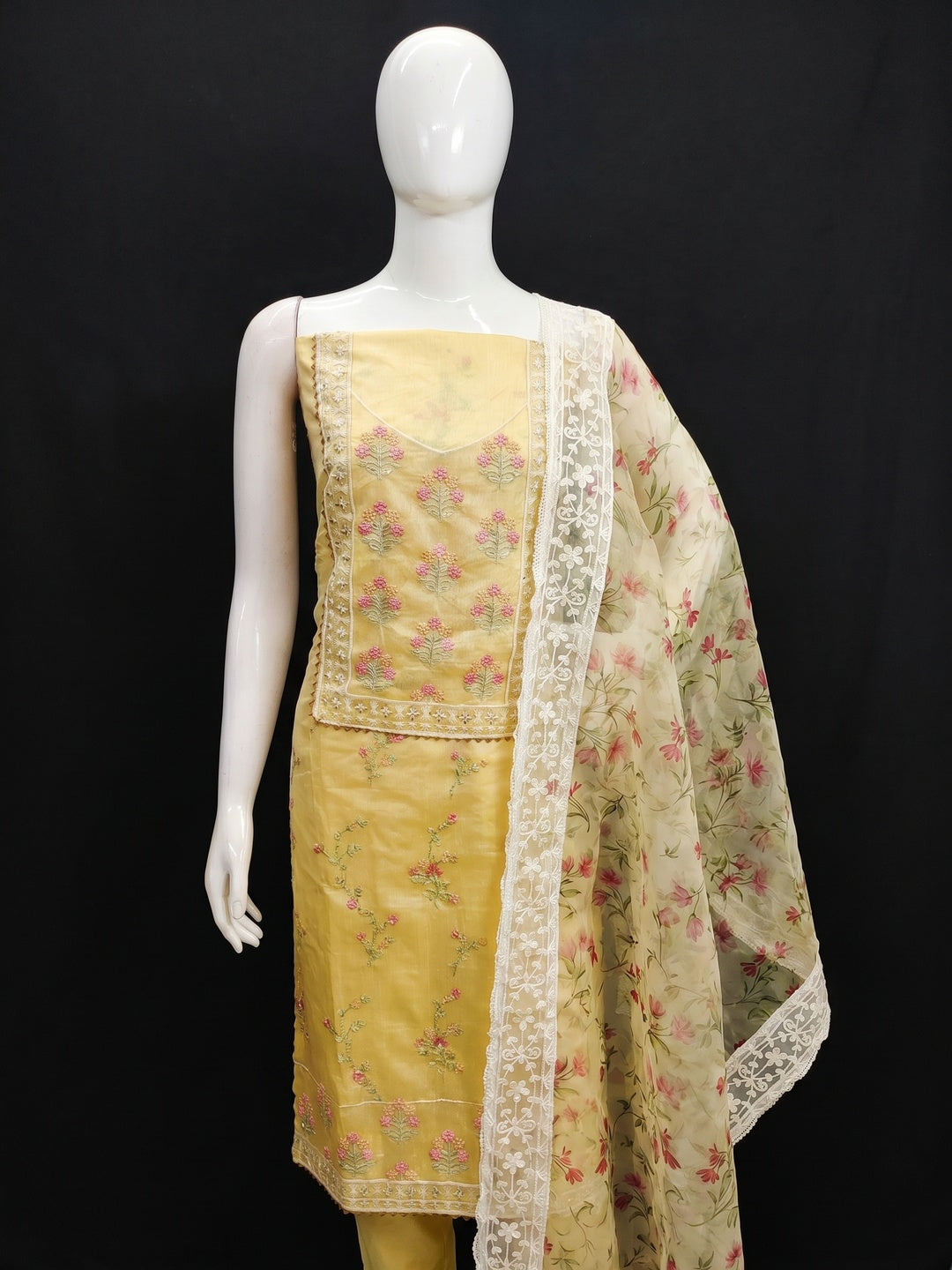 Yellow Floral Embroidered Chanderi Dress Material - Image 1