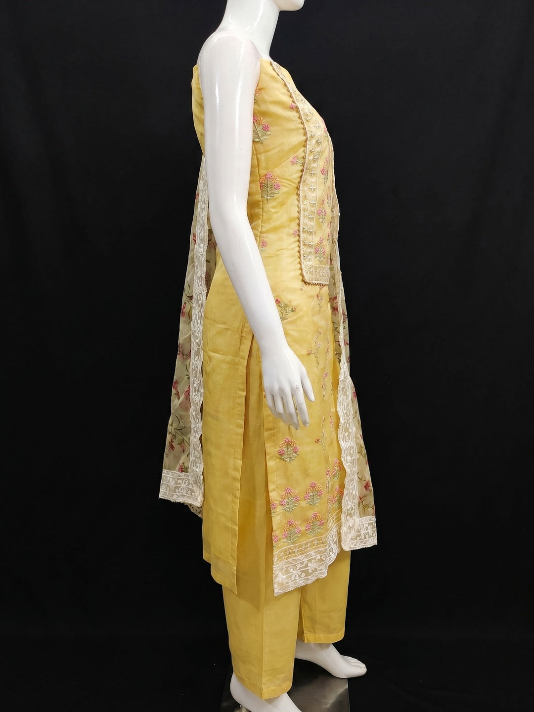 Yellow Floral Embroidered Chanderi Dress Material - Image 2