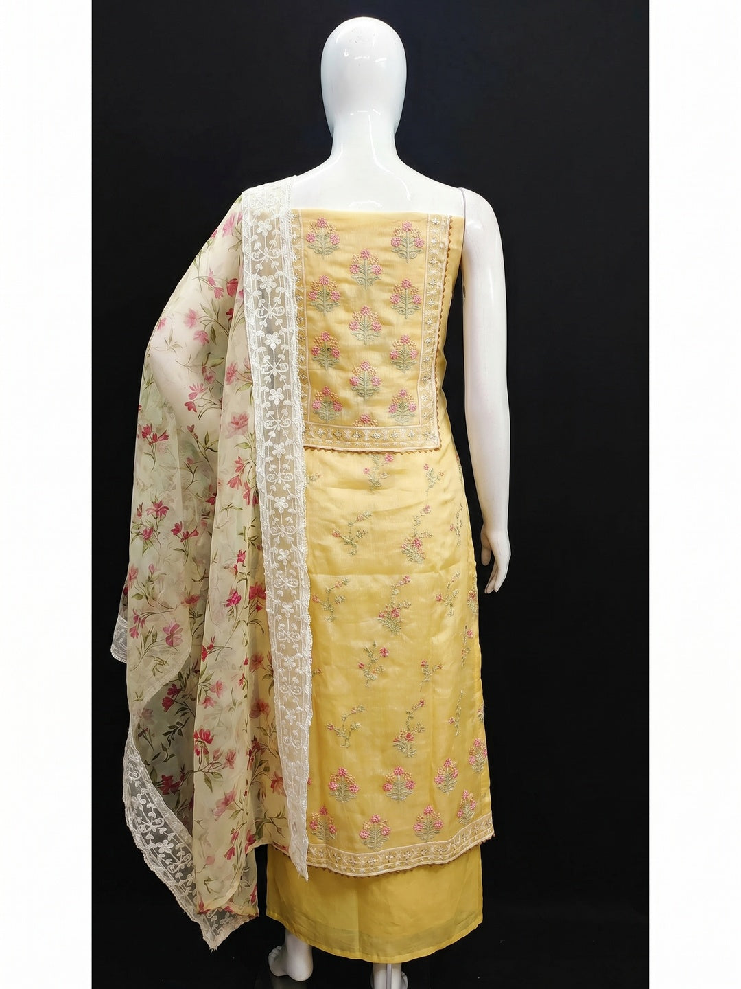 Yellow Floral Embroidered Chanderi Dress Material - Image 3