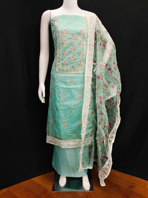 Turquoise Floral Embroidered Chanderi Dress Material - Image 1