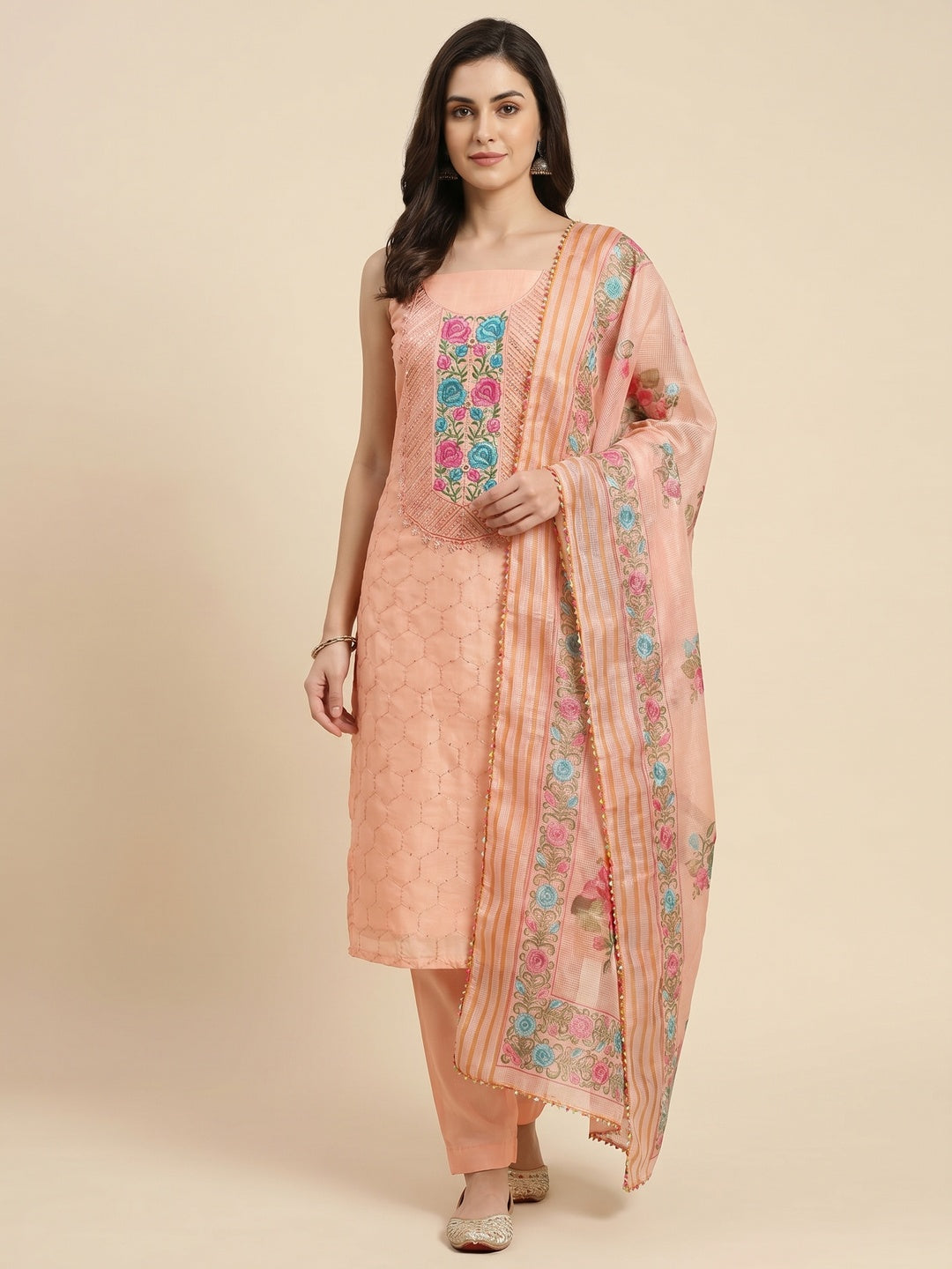 Peach Embroidered Chanderi Dress Material - Image 1