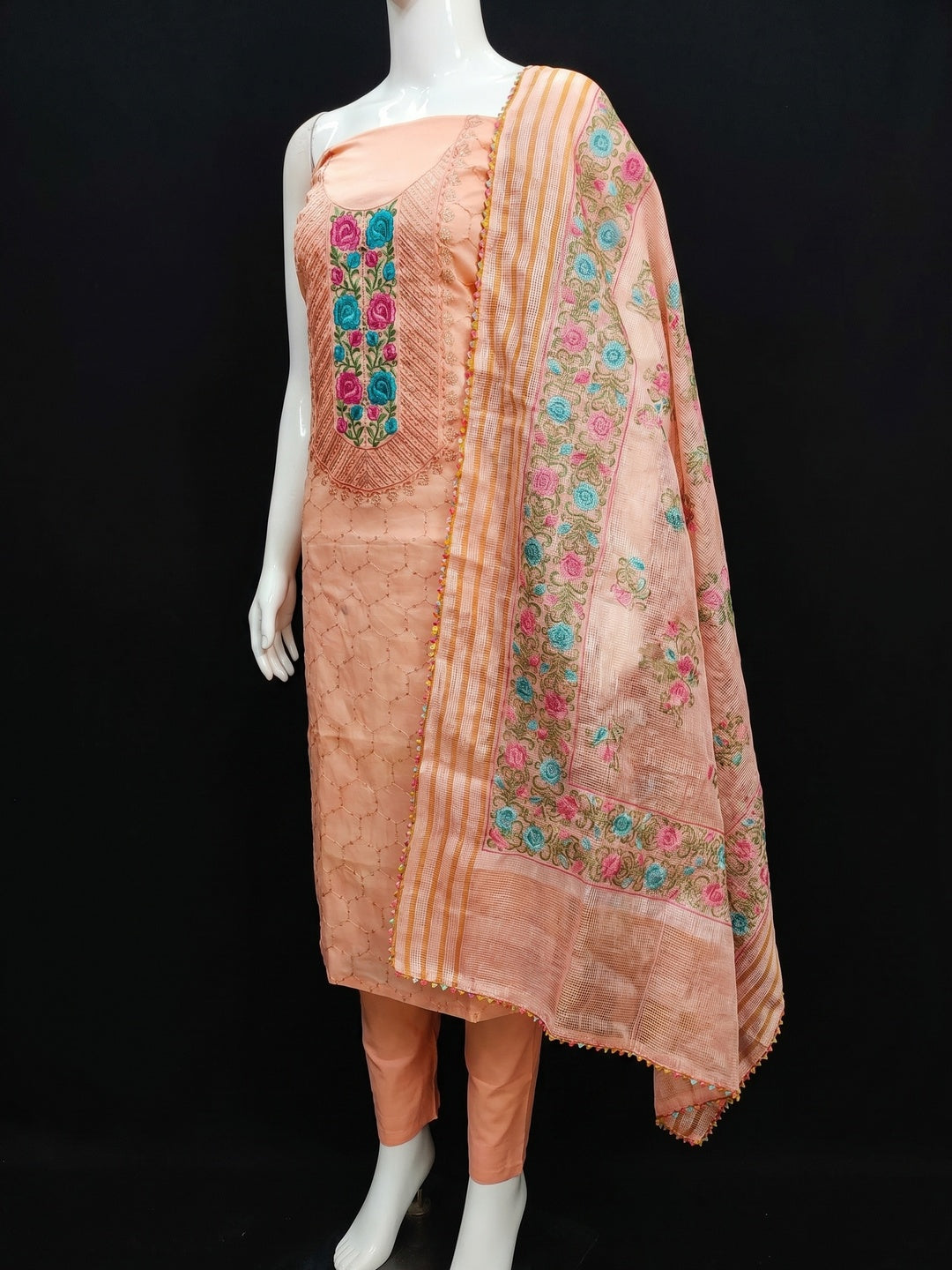 Peach Embroidered Chanderi Dress Material - Image 2