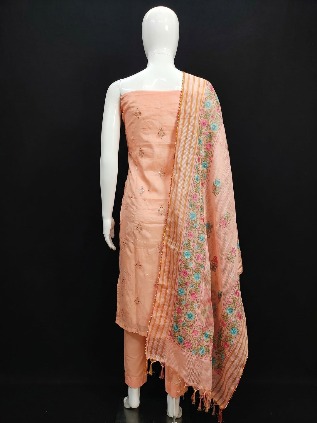 Peach Embroidered Chanderi Dress Material - Image 3