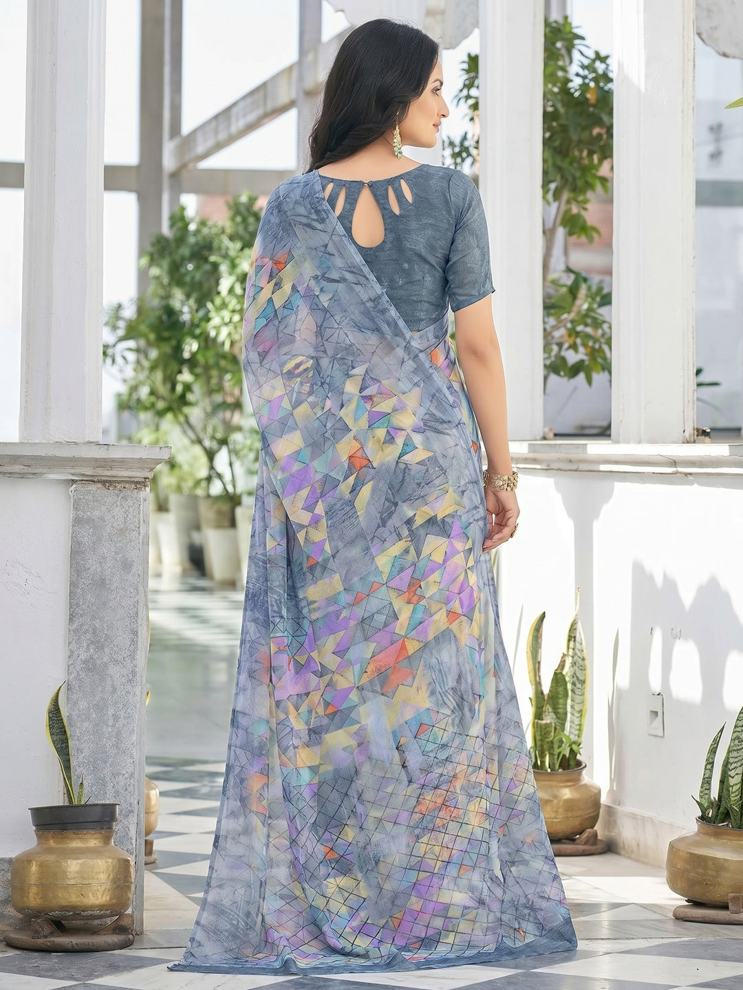 Grey Geometric Printed Chiffon Saree - Image 1