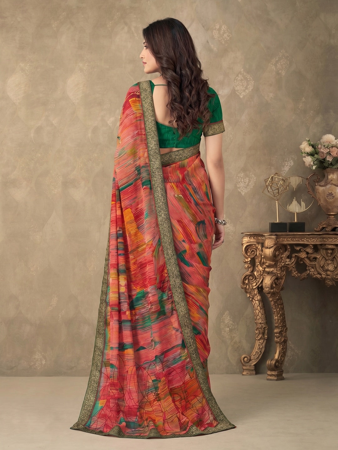 Salmon Pink Digital Printed Chiffon Saree With Lace Border - Image 1