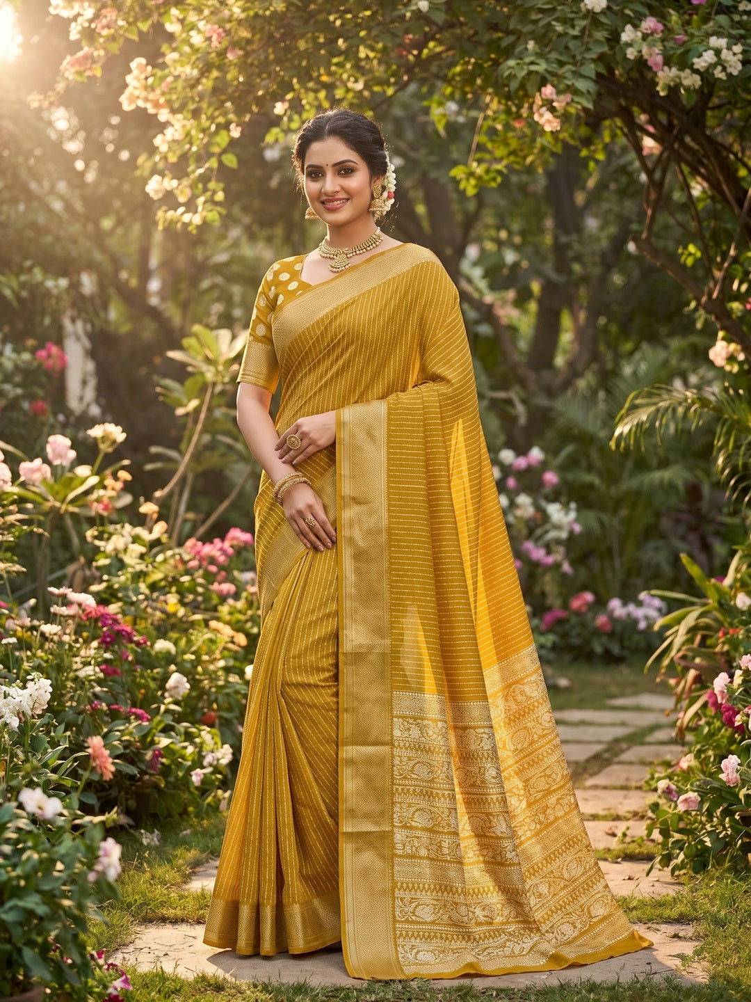 Mustard Printed Dola Silk Saree With Jacquard Border