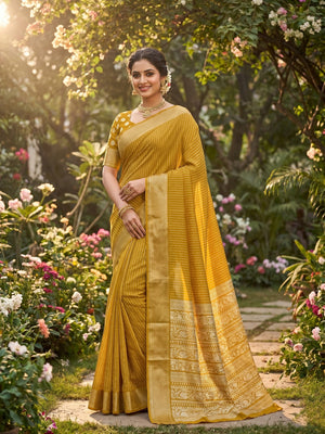 Mustard Printed Dola Silk Saree With Jacquard Border