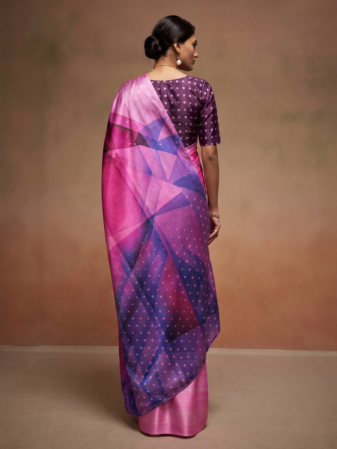 Pink Digital Printed Satin Saree - Image 1