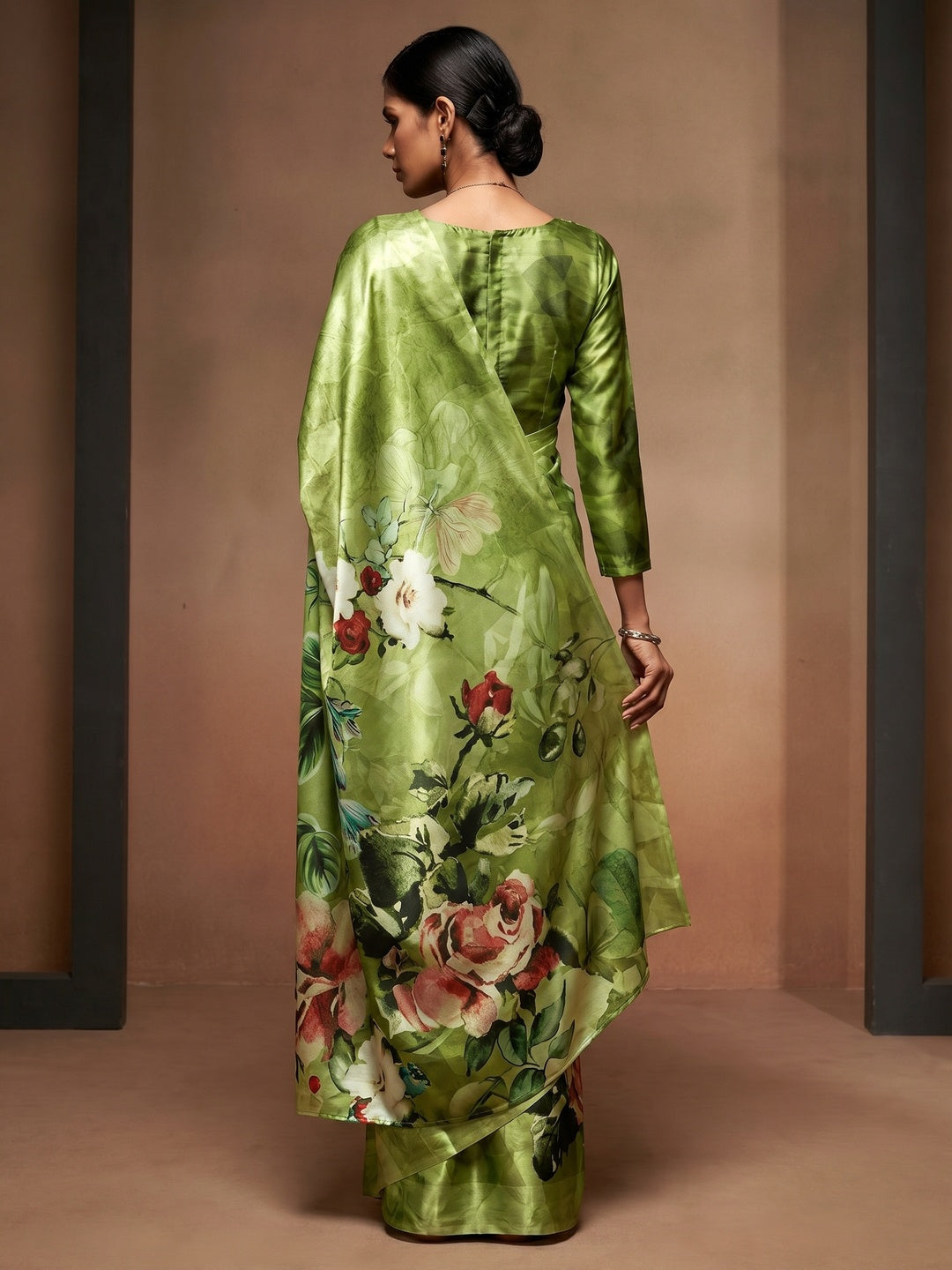 Green Digital Printed Satin Saree - Image 1